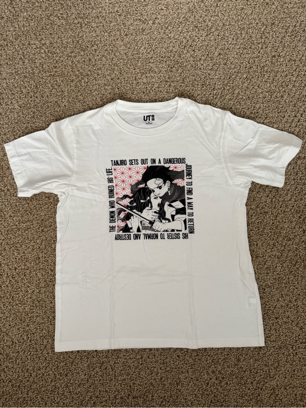 Uniqlo White Graphic Anime Crewneck Tee with Black & Pink Art